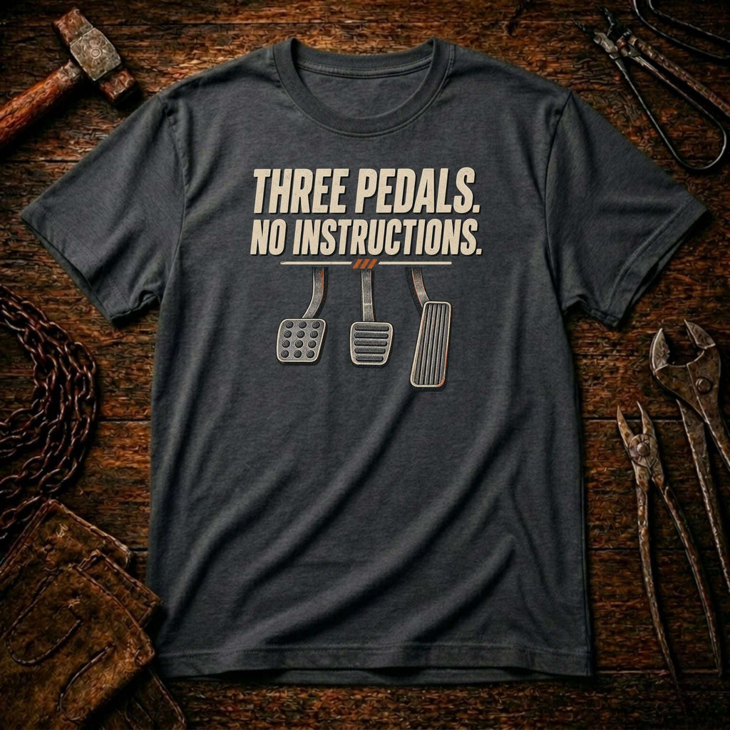 A dark charcoal gray graphic t-shirt laid flat on a rustic wooden background with tools like a hammer, chain, and wrenches. The shirt features the text 'THREE PEDALS.