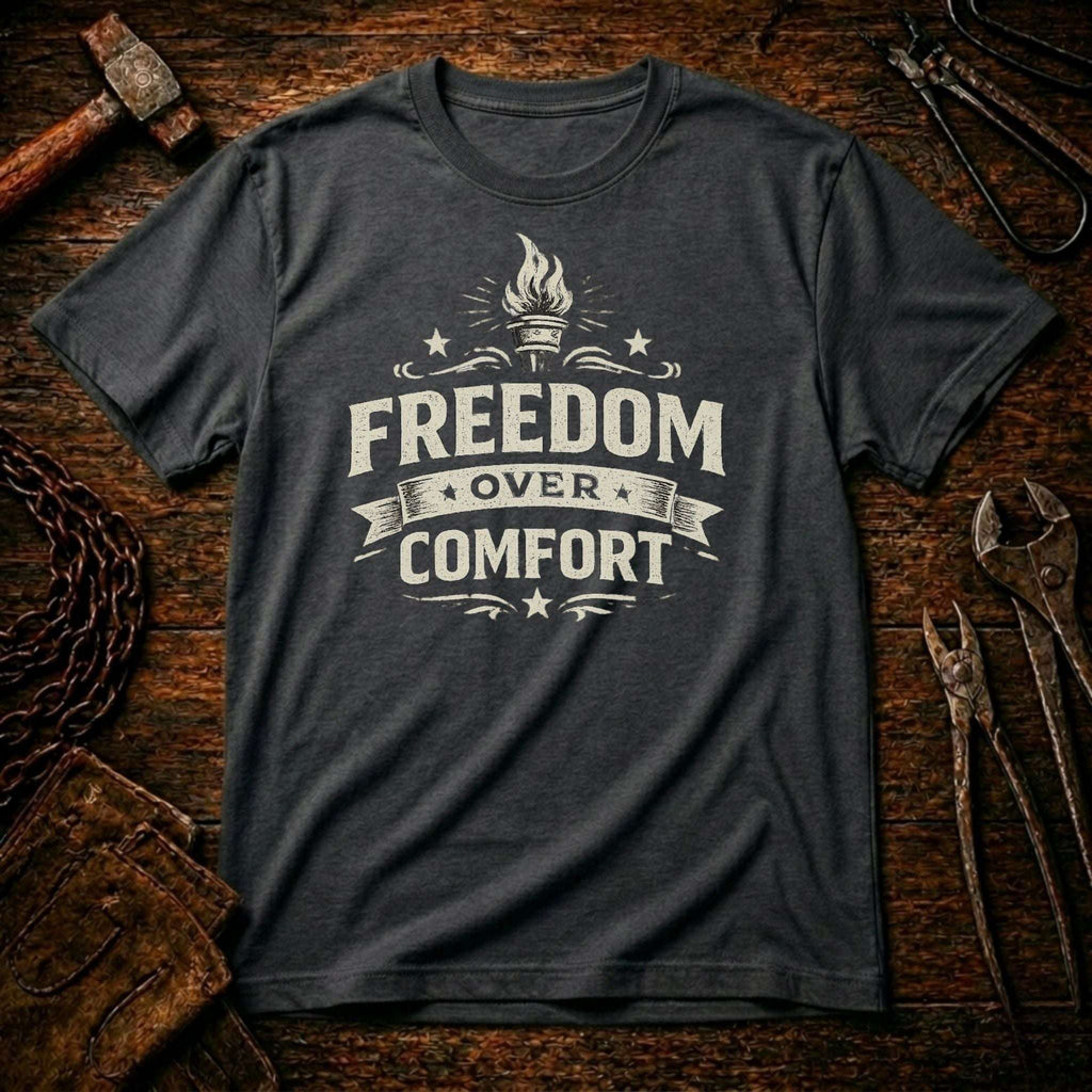 Gray t-shirt with 'Freedom Over Comfort' text on a rustic wooden background