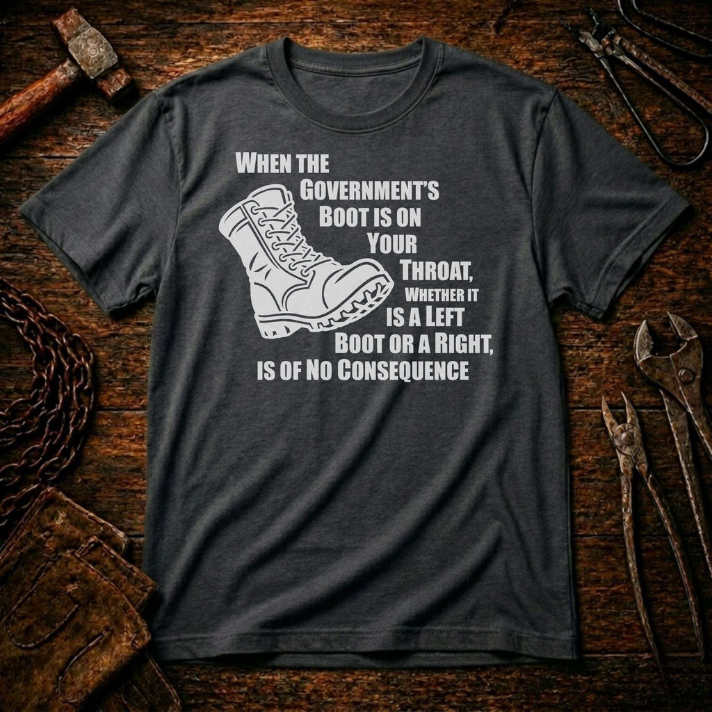 Gray t-shirt with a graphic of a boot and text on a wooden background