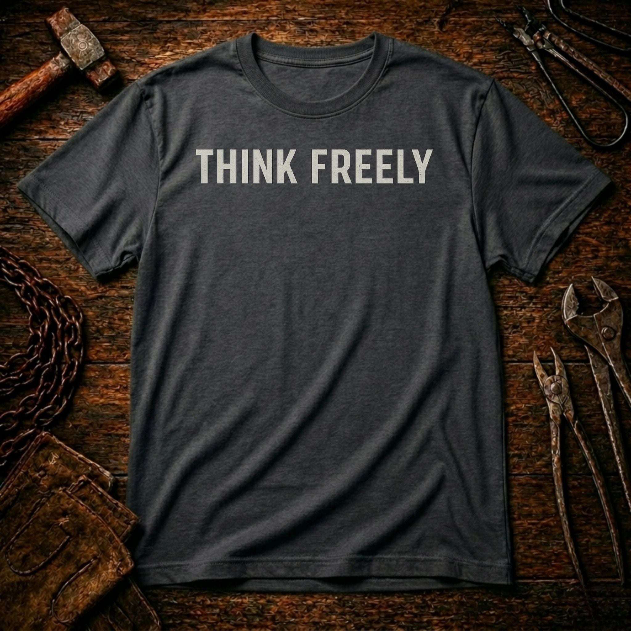 Gray t-shirt with 'THINK FREELY' text on a rustic wooden background