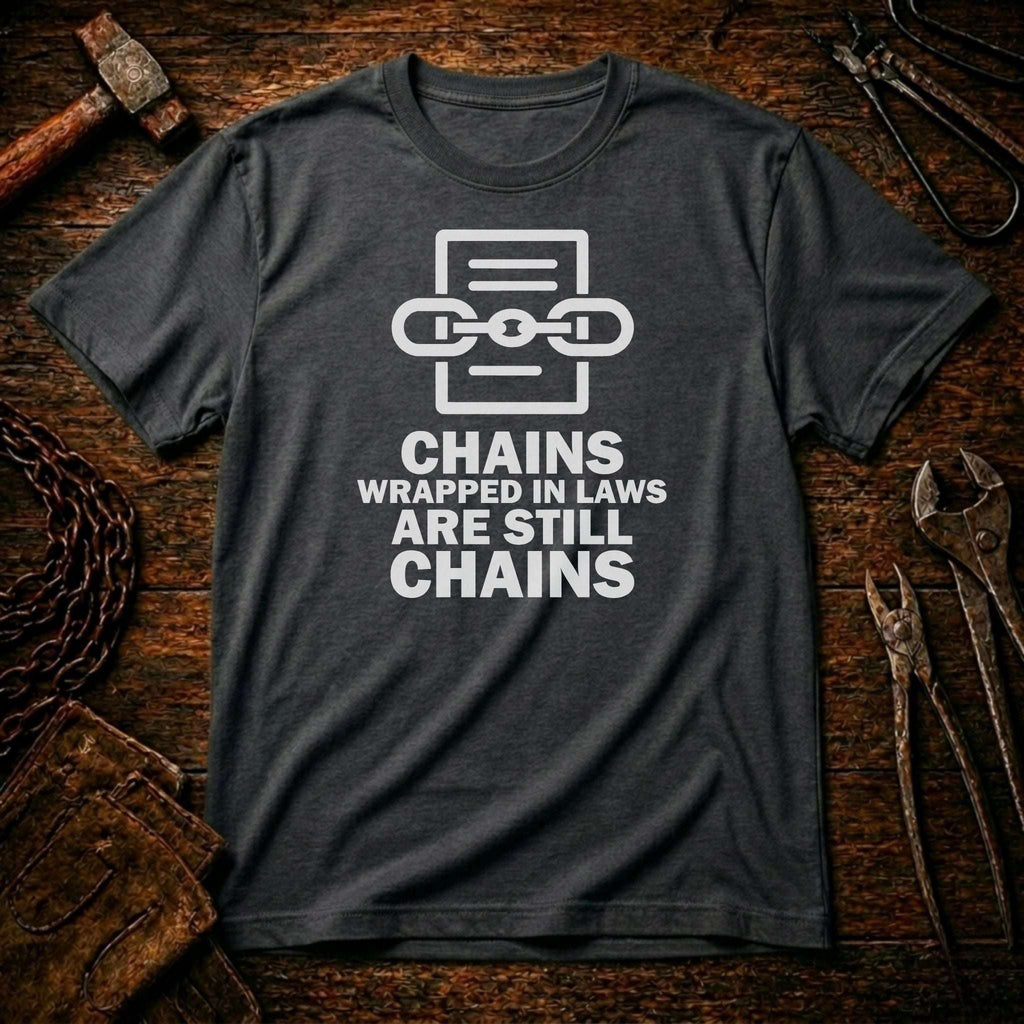 Gray t-shirt with a graphic and text on a rustic wooden background
