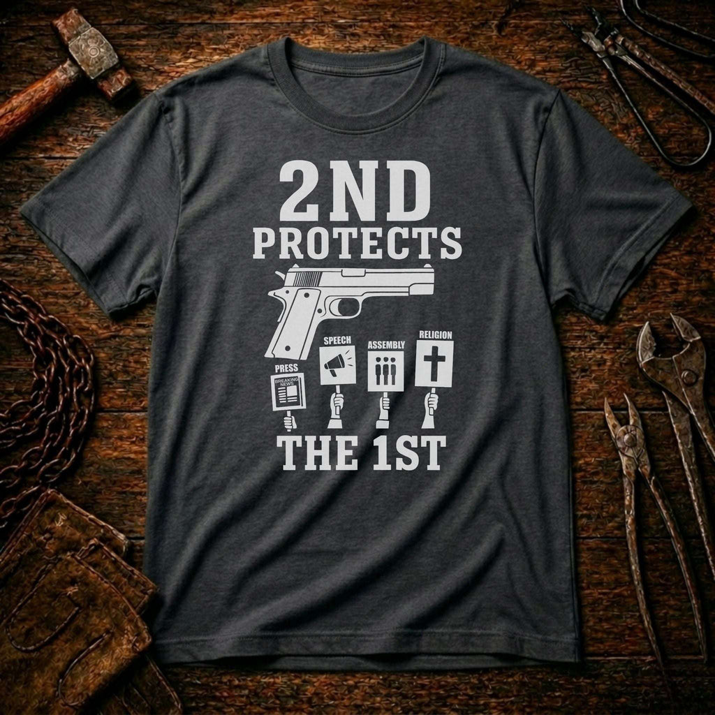 Gray t-shirt with a graphic and text on a wooden background