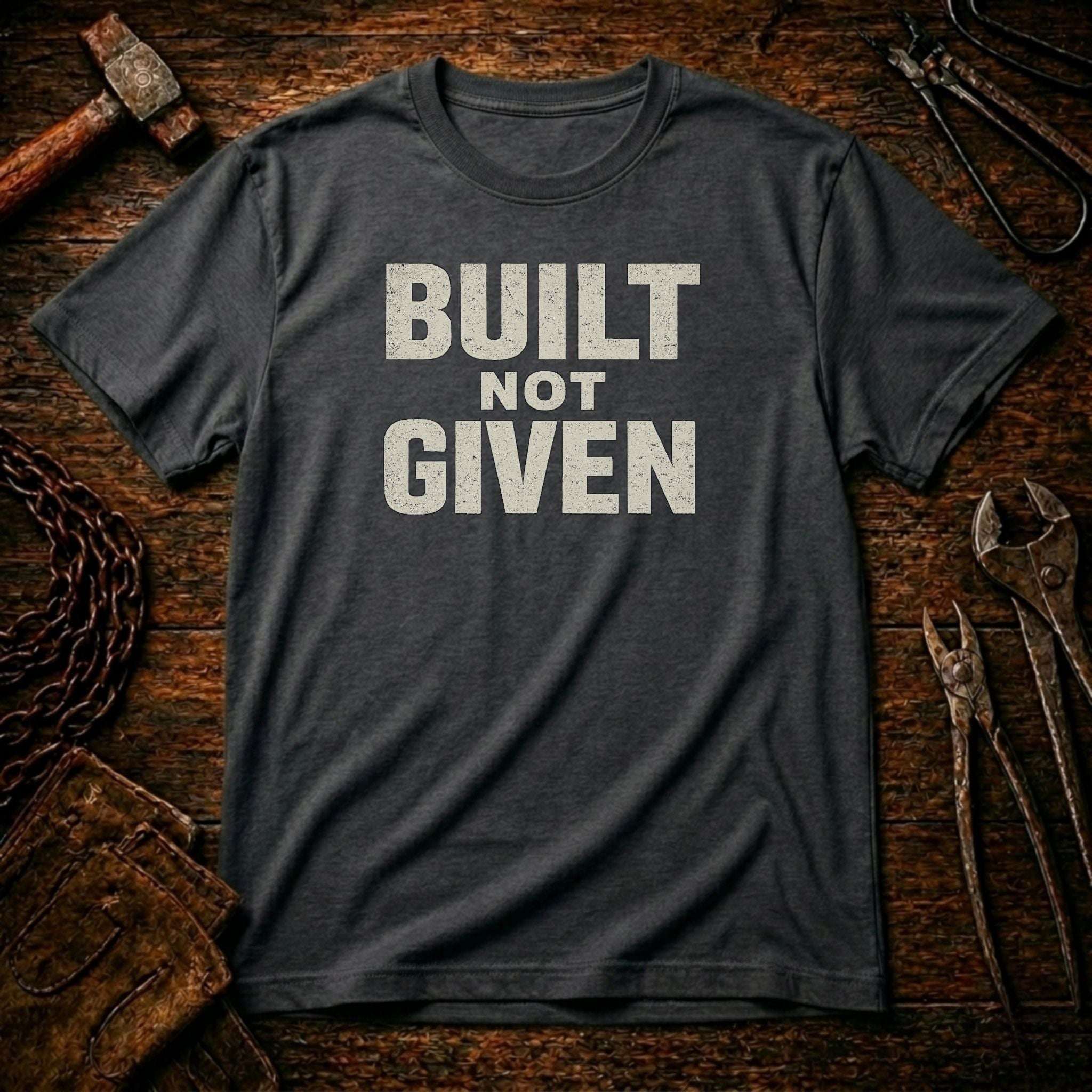 Gray t-shirt with 'BUILT NOT GIVEN' text on a rustic wooden background with tools.