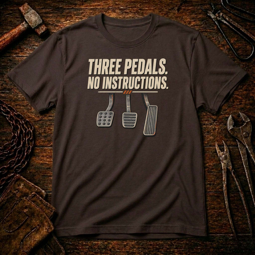 A dark brown t-shirt with a graphic of three car pedals and the text 'THREE PEDALS. NO INSTRUCTIONS.