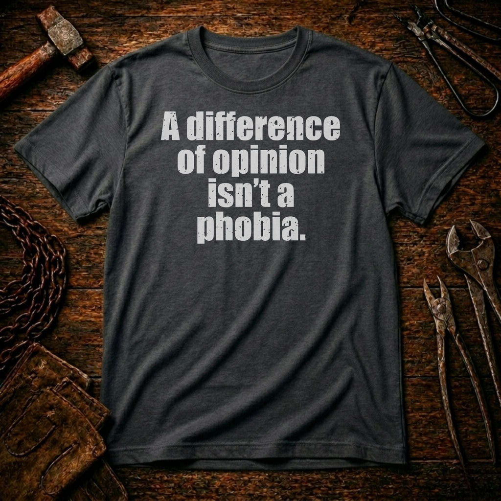 Gray t-shirt with text 'A difference of opinion isn't a phobia' on a rustic wooden background.