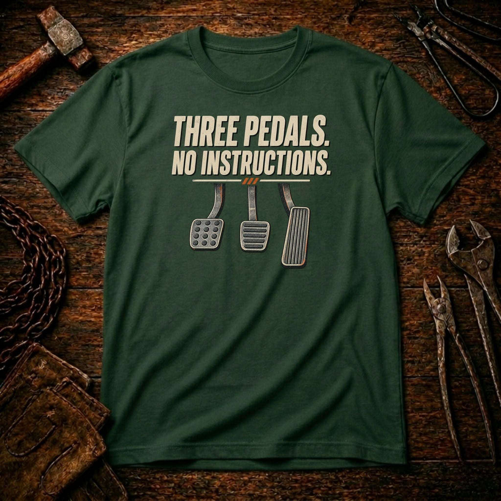 A dark green graphic t-shirt laid flat on a rustic wooden surface surrounded by tools. The shirt features the text 'THREE PEDALS.