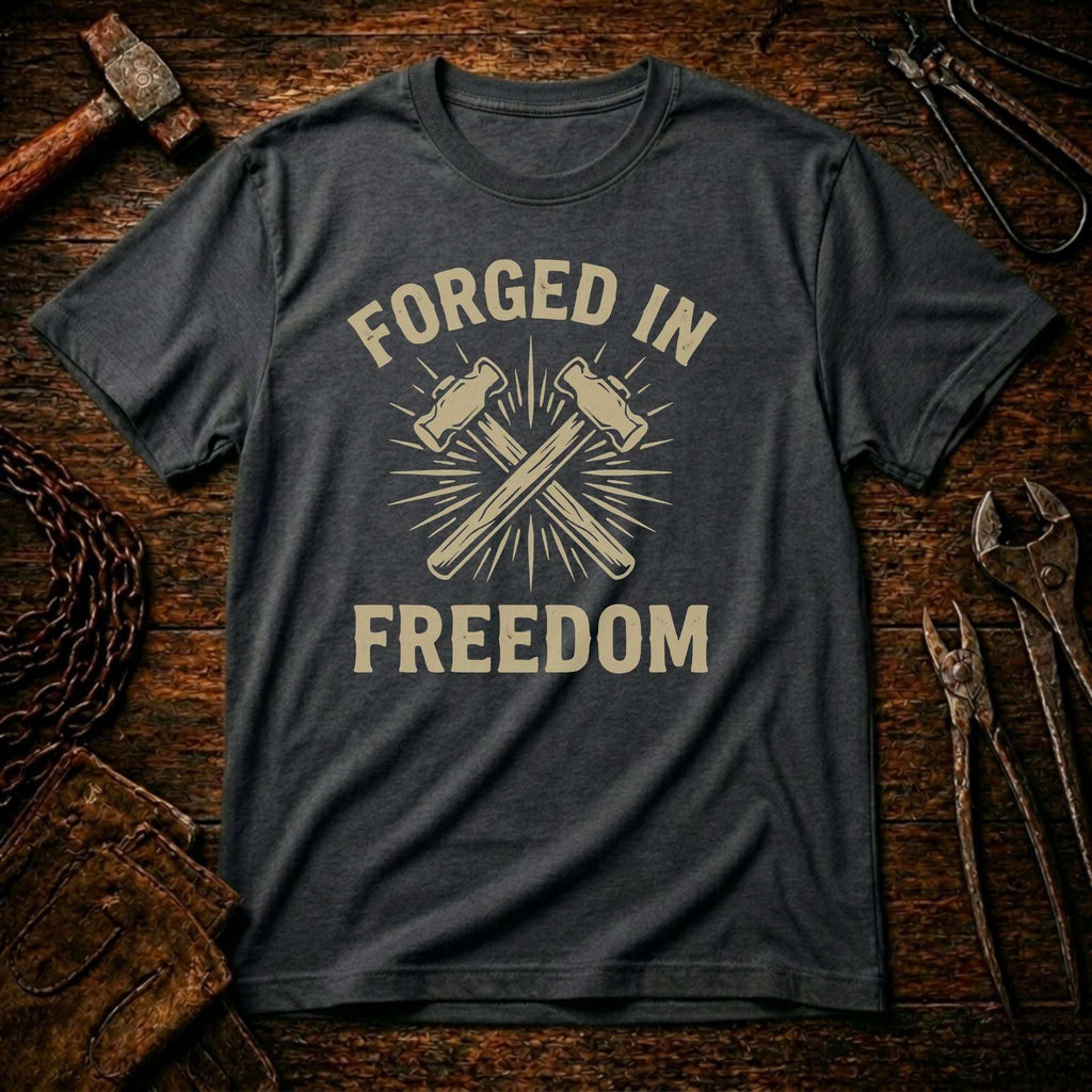Gray t-shirt with 'Forged in Freedom' design on a wooden background with tools.