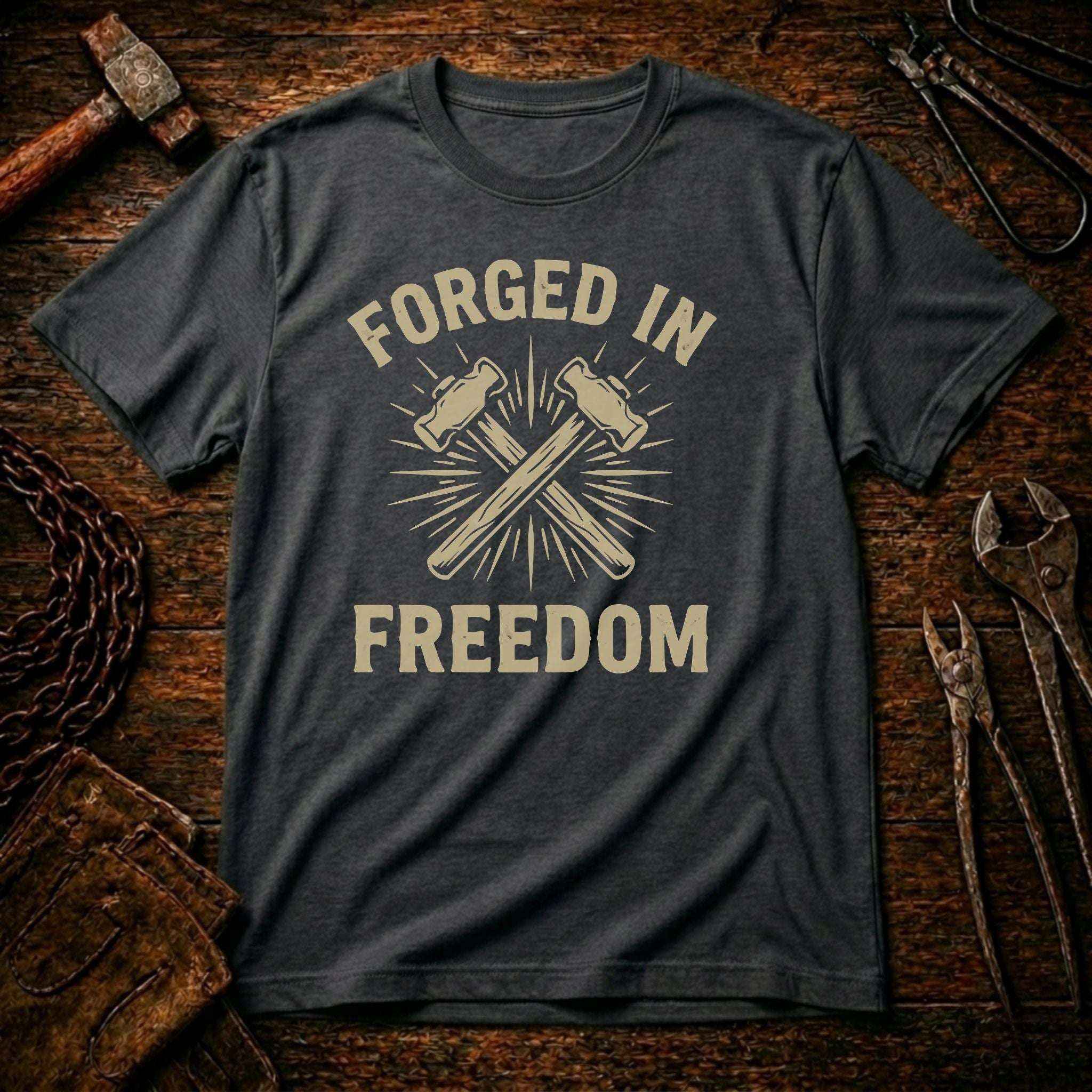 Gray t-shirt with 'Forged in Freedom' design on a wooden background with tools.