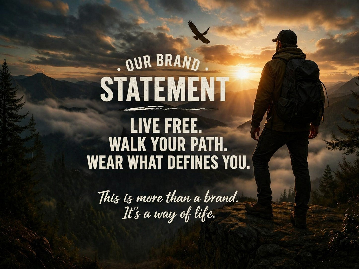 Person standing on a mountain with a sunset and text about a brand statement.