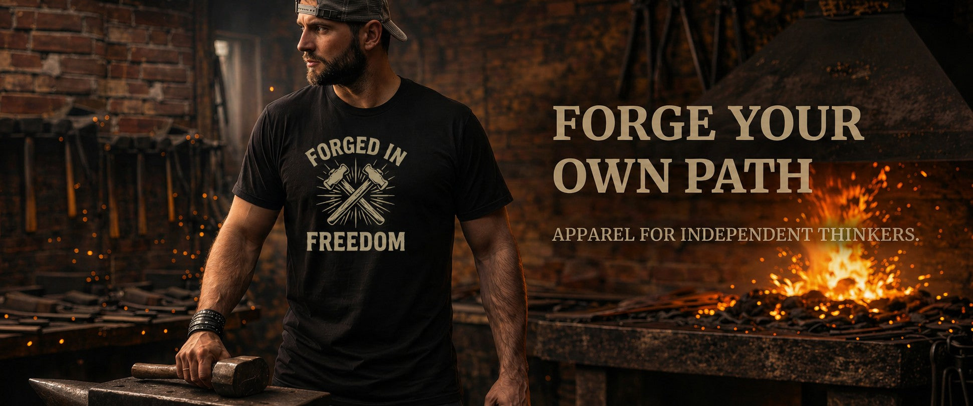 Man wearing a t-shirt with 'Forged in Freedom' text in a forge setting, with text overlay 'Forge Your Own Path'.