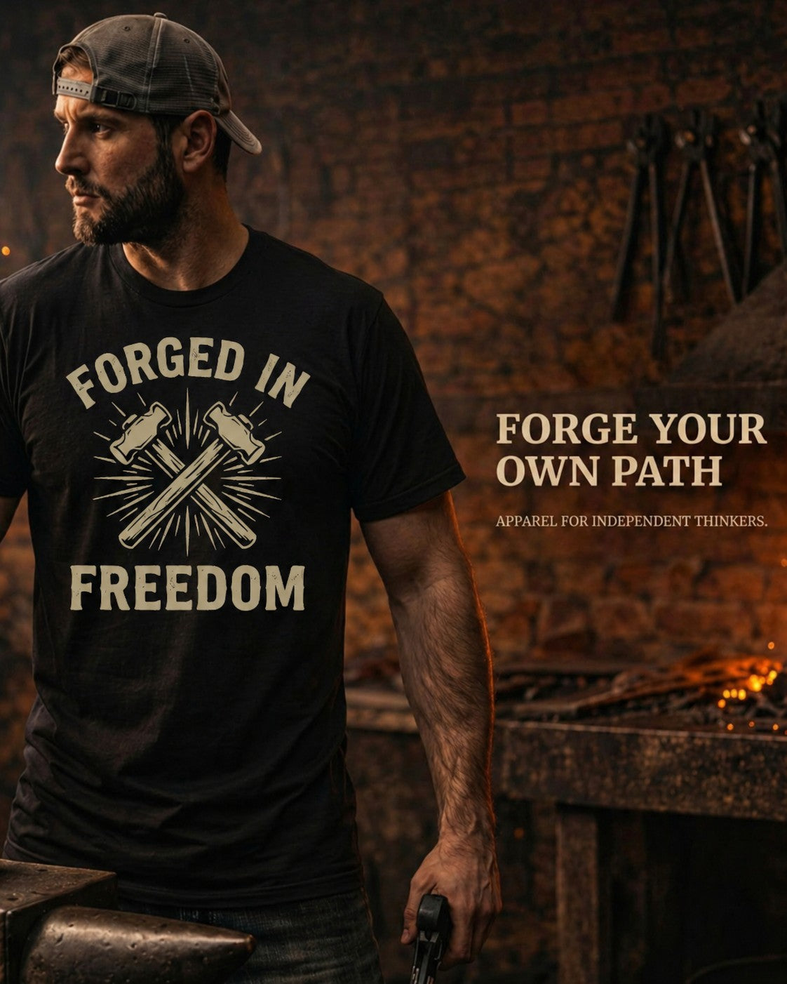 Man wearing a black t-shirt with 'Forged in Freedom' design in a workshop setting.