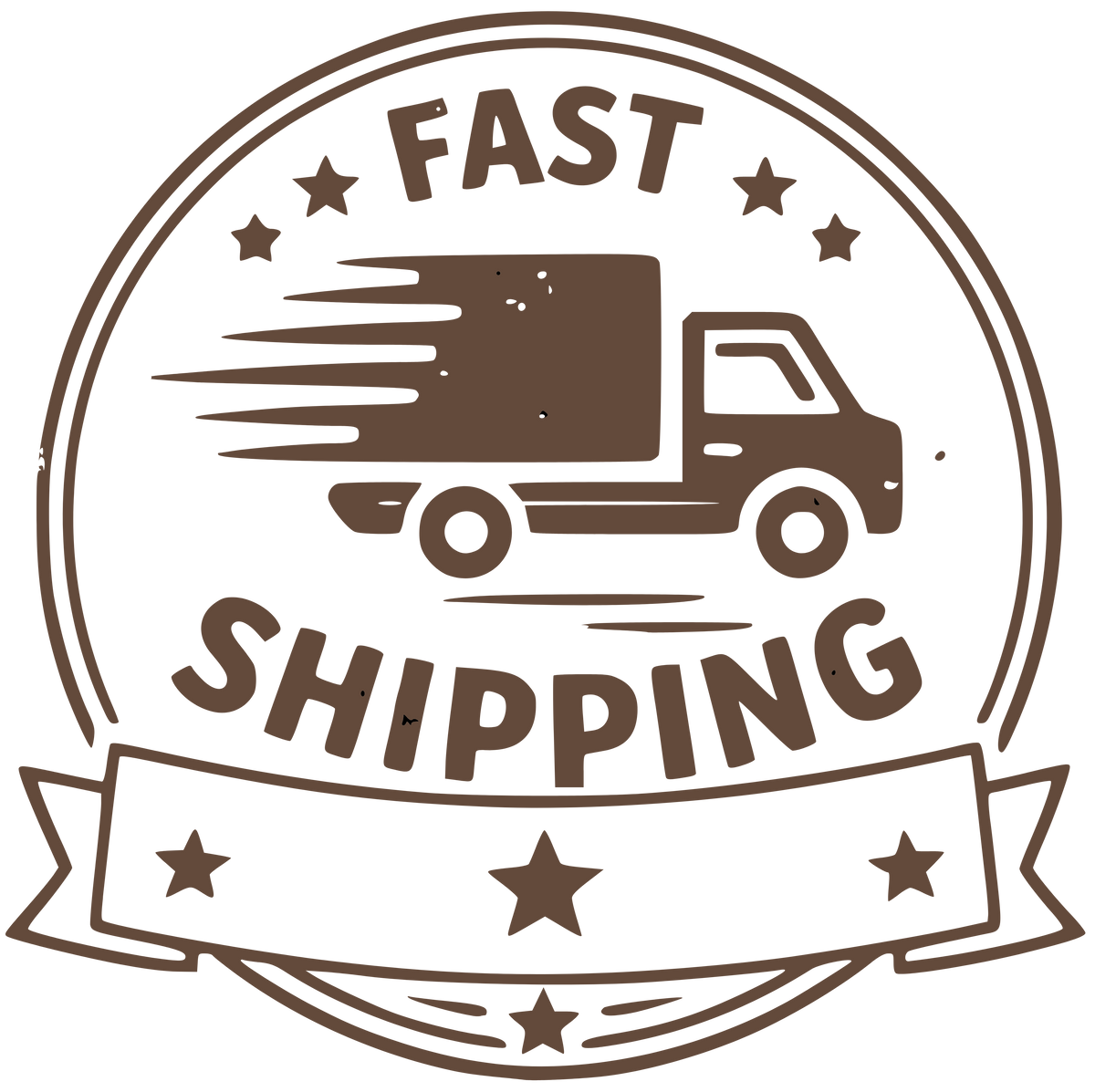 Brown 'Fast Shipping' logo with a delivery truck on a white background