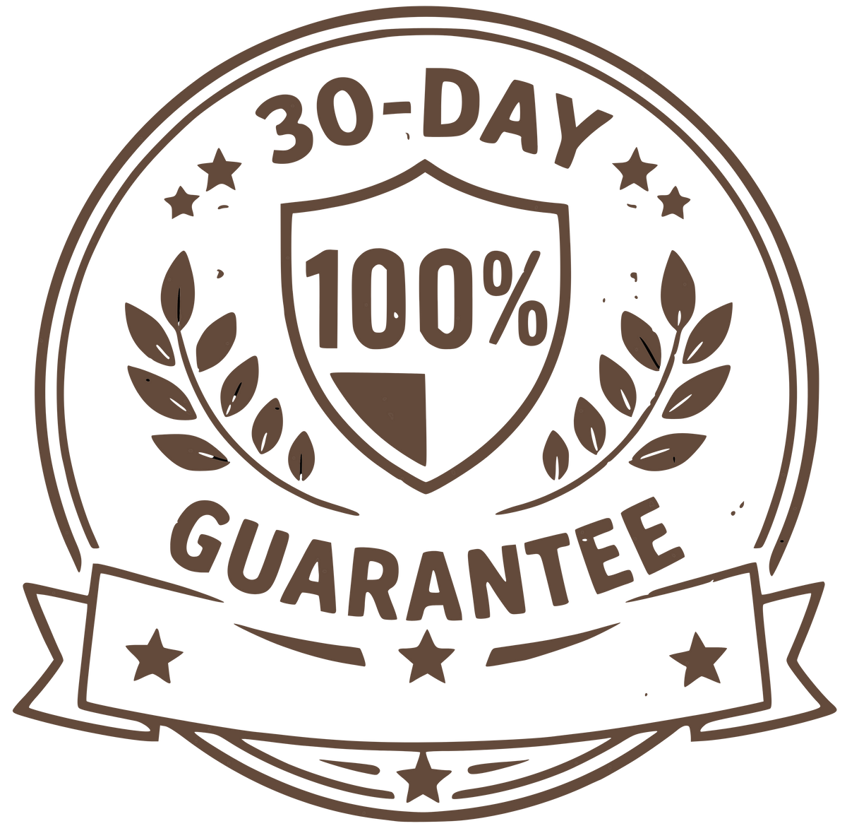 Brown '30-Day 100% Guarantee' logo on a white background