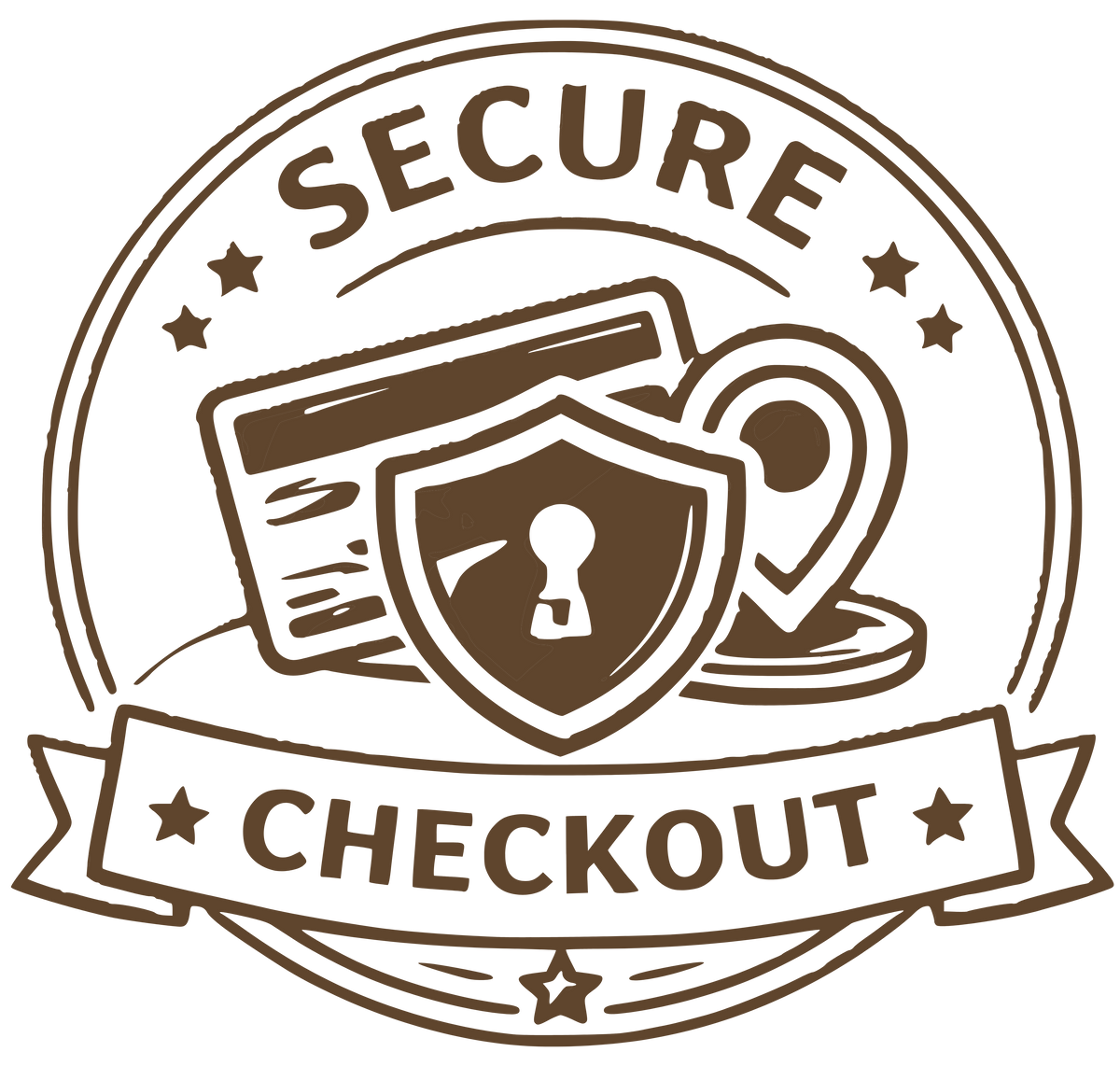 Logo with 'Secure Checkout' text, laptop, mug, and shield icon on a white background