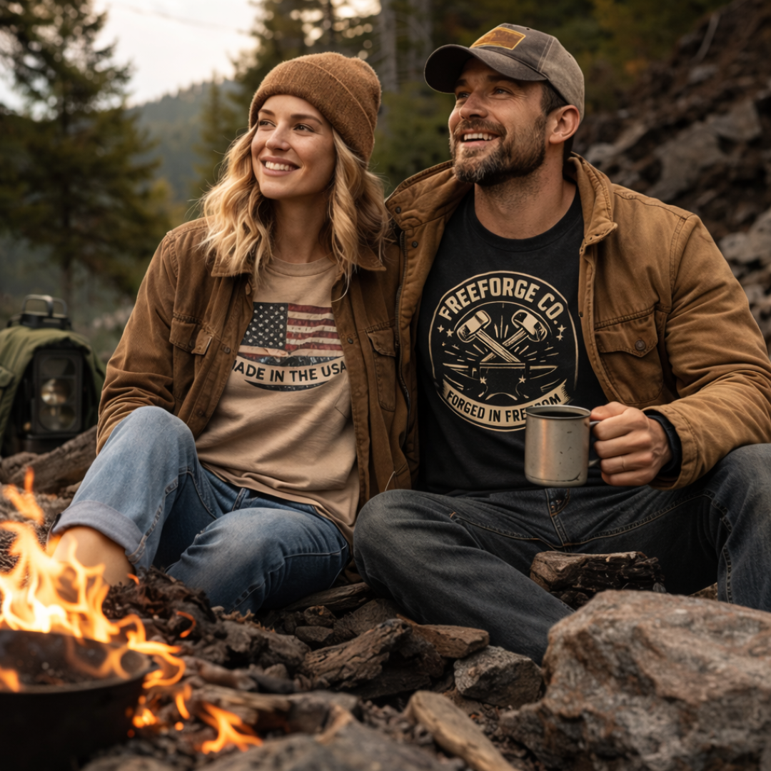 Man and woman sitting by a campfire in a forest setting, wearing branded clothing.