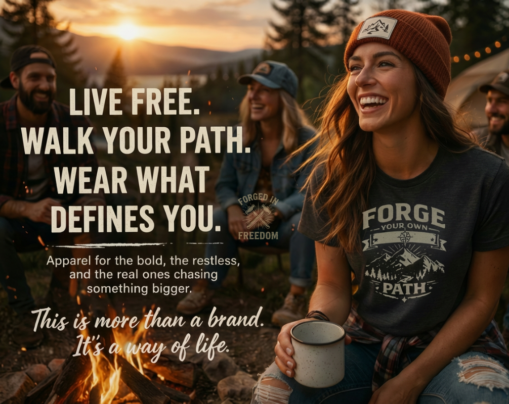 Person wearing a 'Forge Your Own Path' t-shirt with friends around a campfire at sunset.