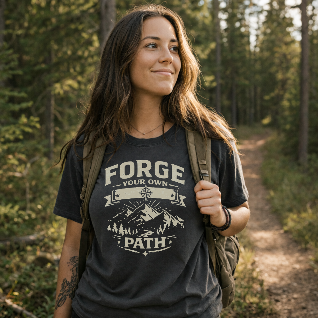 woman hiking wearing t-shirt that says 'Forge your own path'